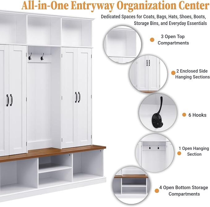 62.2" W Hall Tree with Bench and Shoe Storage,Shoe and Coat Rack with Cabinets and Hooks,Farmhouse Furniture for Entryway,Mudroom,Living Room,White