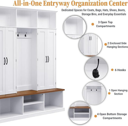62.2" W Hall Tree with Bench and Shoe Storage,Shoe and Coat Rack with Cabinets and Hooks,Farmhouse Furniture for Entryway,Mudroom,Living Room,White