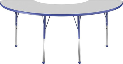 FDP Half Moon Activity School and Office Table (36 x 72 inch), Standard Legs with Ball Glides for Collaborative Seating Environments, Adjustable Height 19-30 inches - Gray Top and Blue Edge