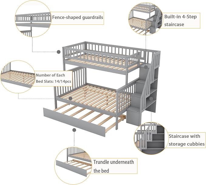 MERITLINE Twin Over Full Bunk Bed with Trundle, Storage Staircase,Solid Wood Bunk Bed with Storage Stairs Box and Guardrail, No Spring Box Needed (Grey)