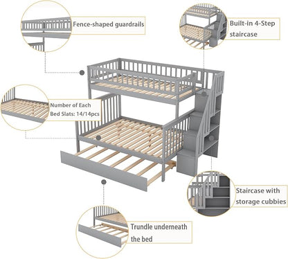 MERITLINE Twin Over Full Bunk Bed with Trundle, Storage Staircase,Solid Wood Bunk Bed with Storage Stairs Box and Guardrail, No Spring Box Needed (Grey)