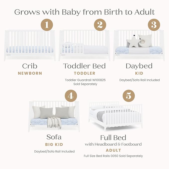 Delta Children Lulu 5-in-1 Convertible Crib, Converts to Toddler Bed, Daybed, Sofa & Full-Size Bed, Greenguard Gold Certified, Fits Standard Crib Mattress, 3 Mattress Heights for Baby,Bianca White