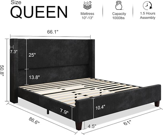 HOWE Queen Szie Bed Frame with 50.8 Inch Corduroy Wingback Headboard, Black | Modern Upholstered Platform Bed, Solid Wood Slats, No Box Spring Needed, Noise-Reducing Design
