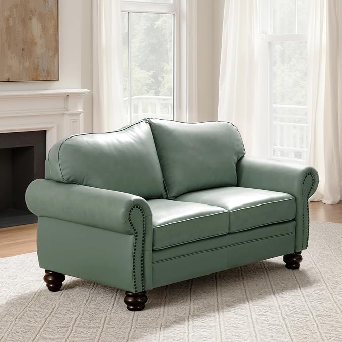 60" Wide Genuine Leather Chesterfield Loveseat, 2 Seat Leather Sofa with Rolled Arms, Nailhead Trim for Living Room Furniture, Easy Assembly – Sage