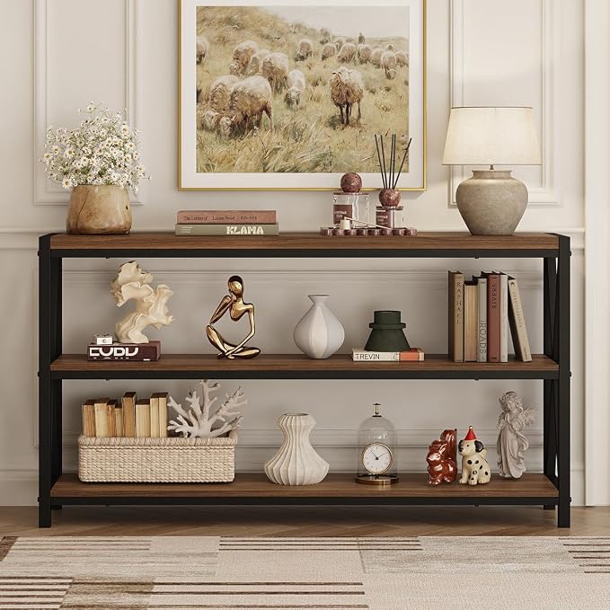FATORRI Console Table for Entryway, 55 Inch Modern Entry Table with 3 Tier Shelves, Couch Tables Behind Sofa for Living Room (Medium Walnut)