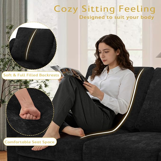 83” Chenille 3 Seats Sofa w/Comfortable Back Cushions, Black | Modern Couch w/Deep Seat Space, Upholstered 5 Seater Sofa w/High Resiliency Foam for Living Room