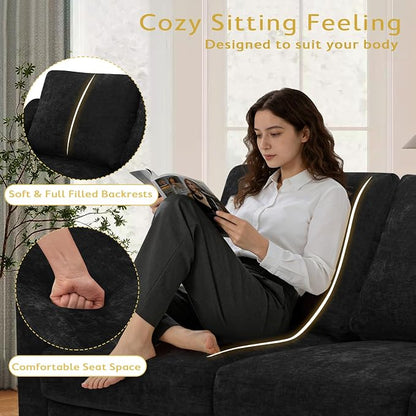 83” Chenille 3 Seats Sofa w/Comfortable Back Cushions, Black | Modern Couch w/Deep Seat Space, Upholstered 5 Seater Sofa w/High Resiliency Foam for Living Room