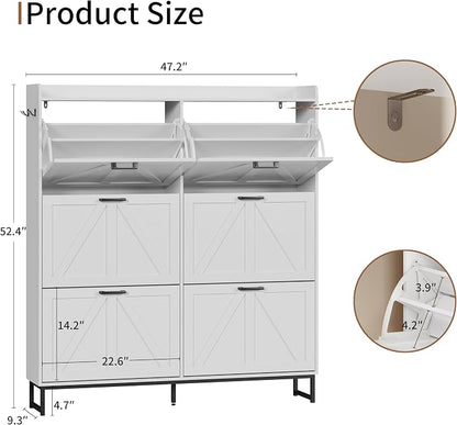 Shoe Cabinet with 6 Flip Drawers, Freestanding Hidden Shoe Storage Organizer for Entryway, Narrow Slim Shoe Rack Cabinet with Open Storage & Hooks for Front Door Entrance, Living Room, Hallway, White
