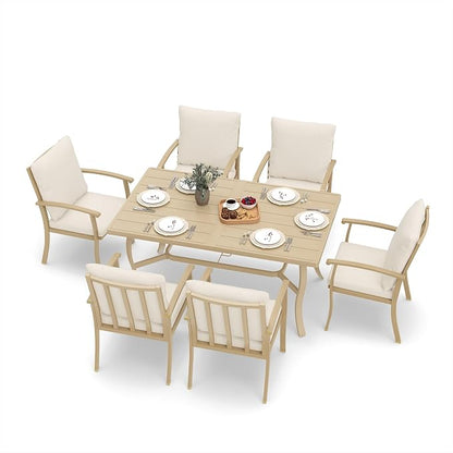 HAPPATIO 7 Piece Patio Dining Set, Aluminum Outdoor Dining Set for 6, Aluminum Dining Table and Chairs Set, Patio Furniture with Table, Chairs and Washable Cushions (Beige)