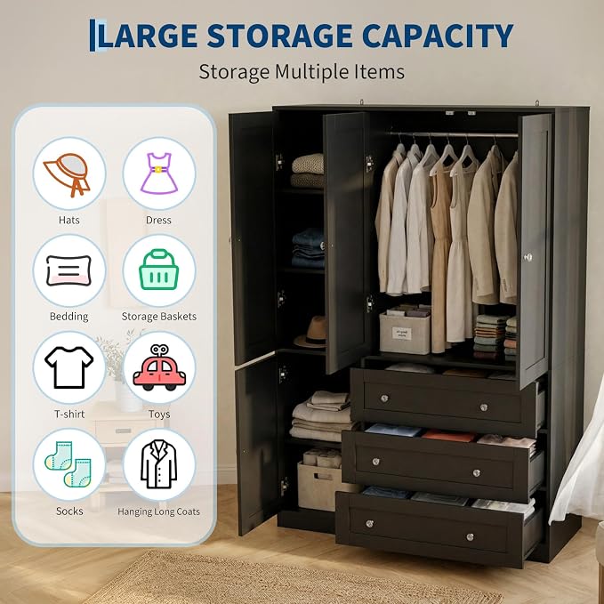 Garvee 71" Storage Cabinet Closet with 3 Drawers, Large Modern Storage Cabinet, 4 Door Wooden Bedroom Cabinet with Shelves, Black