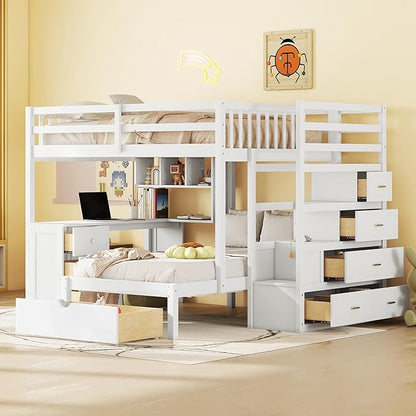 Merax Full Over Twin Bunk Bed with Desk, Drawers and Shelves, White
