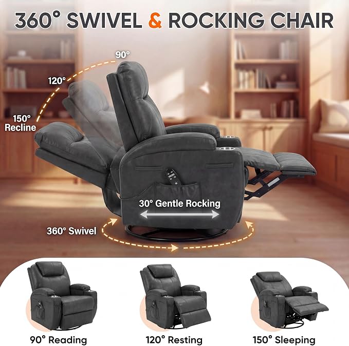 JUMMICO Small Swivel Rocker Recliner, 360 Rocking Chair Recliner with Massage, Upholstered Leathaire Rocker Recliner with Cup Holder for Living Room, Bedroom, Nursery (Black)