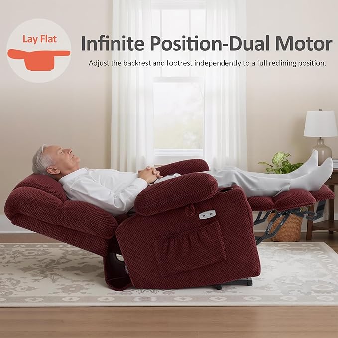 MCombo Dual Motor Power Lift Recliner Chair with Massage and Heat for Elderly People, Infinite Position, USB Ports, Cup Holders, Fabric 7890 (Medium, Burgundy)