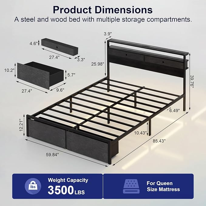 Queen Bed Frame with LED Lights and Charging Station, Platform Bed with Metal Slats, Wood Headboard with 2 Fabric Drawers and Storage Shelves, No Box Spring Needed