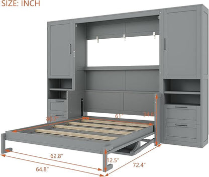 Merax Queen Size Murphy Bed with Desk, Multifunctional Foldable Wall Bed with Closet, Drawers and Shelves, Space-Saving Wood Platform Bed Frame for Small Spaces Studio Study Office Guest Room, Gray