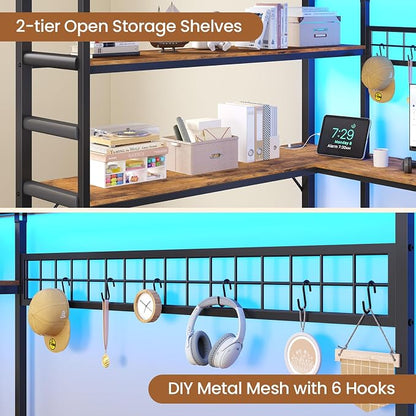 DICTAC Full Loft Bed with U-Shaped Desk,7 Storage Drawers and Charging Station,Metal Full Size Loft Bed with Led Lights and 2-Tier Storage Shelves,Teen loft Beds with Safety Guardrail & Stairs,Black