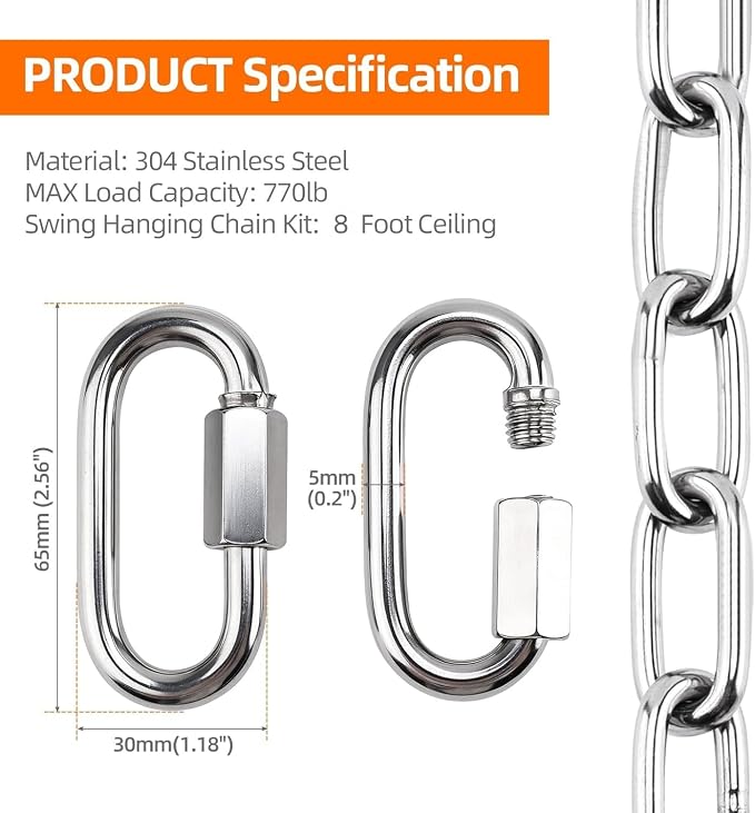 Yaeccc 2 Pack Heavy Duty Porch Swing Hanging Chain Kit,Hammock Chair Hardware for Indoor/Outdoor Hanging Chairs, Punching Bags, Rustproof, 770LB Capacity(Silver, 87'' Long Chain)