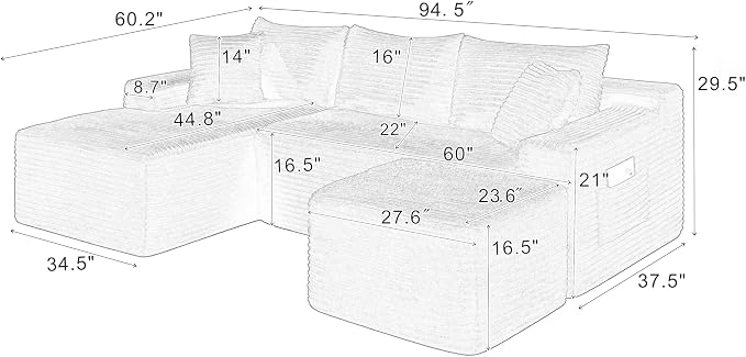 95-Inch U-Shaped Left Facing Corner Compressed Sofa Modular Sectional Boneless Cloud Sofa Floor Foam Couch W/Chaise Lounge & Ottoman, Corduroy Corner Boneless Cloud Couch