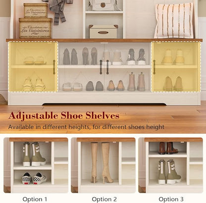 CSZZD Hall Tree with Bench and Shoe Storage, Farmhouse Entryway Bench with Coat Racks and Led Lights, Large Hall Tree with 12 Coat Hooks, 8 Storage Cubbies, Adjustable Shelf