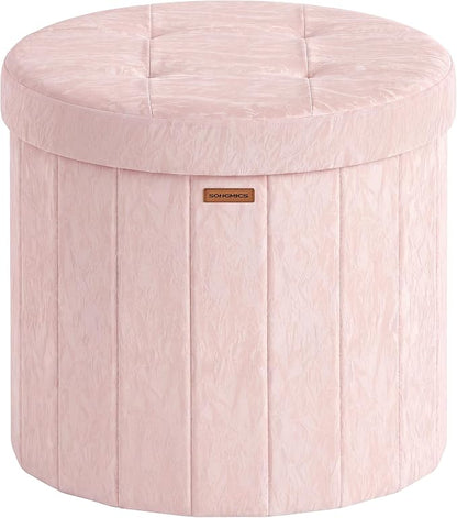 SONGMICS Mazie Collection - Round Storage Ottoman, Folding Footrest Stool with Removable Lid, Easy Assembly, PU Leather Vanity Stool for Bedroom, Living Room, Entryway, Jelly Pink ULSF609SA01