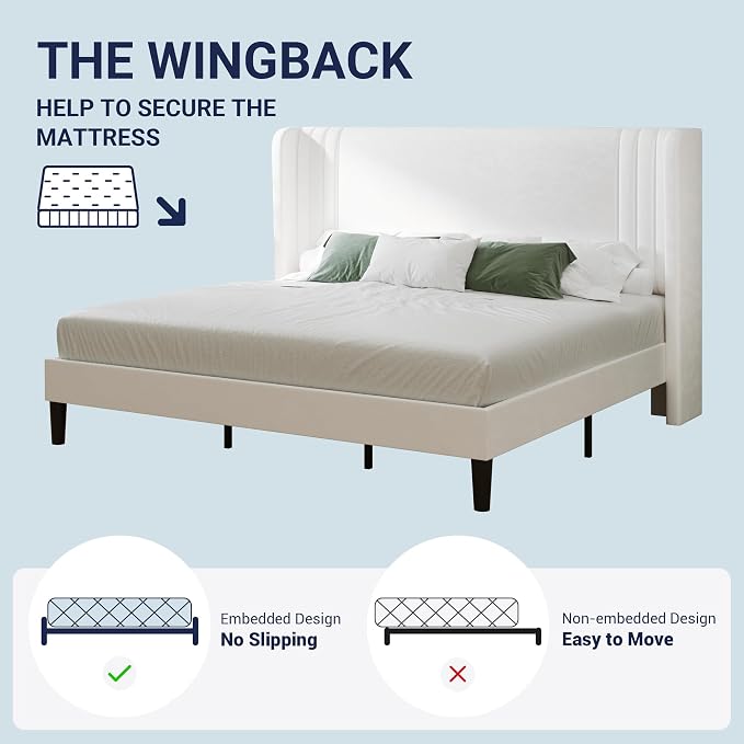 Allewie King Size Velvet Platform Bed Frame with Vertical Tufted Wingback Headboard, Easy Assembly, Under Bed Storage, No Box Spring Required, Modern Style, White