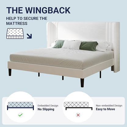 Allewie King Size Velvet Platform Bed Frame with Vertical Tufted Wingback Headboard, Easy Assembly, Under Bed Storage, No Box Spring Required, Modern Style, White