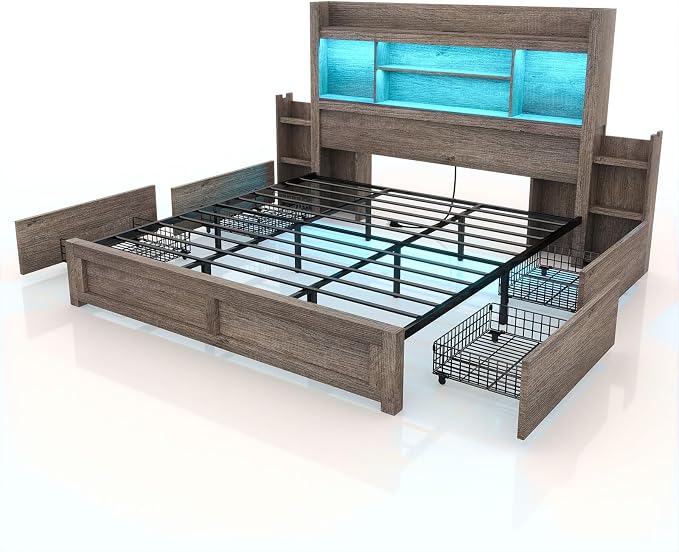 LUXOAK King Bed Frame with 49.6" Bookcase Headboard & 2 Bedside Stoage Racks & 4 Drawers, Farmhouse Wood Bed Frame with RGB LED & Charging Station, No Box Spring Needed, Grey