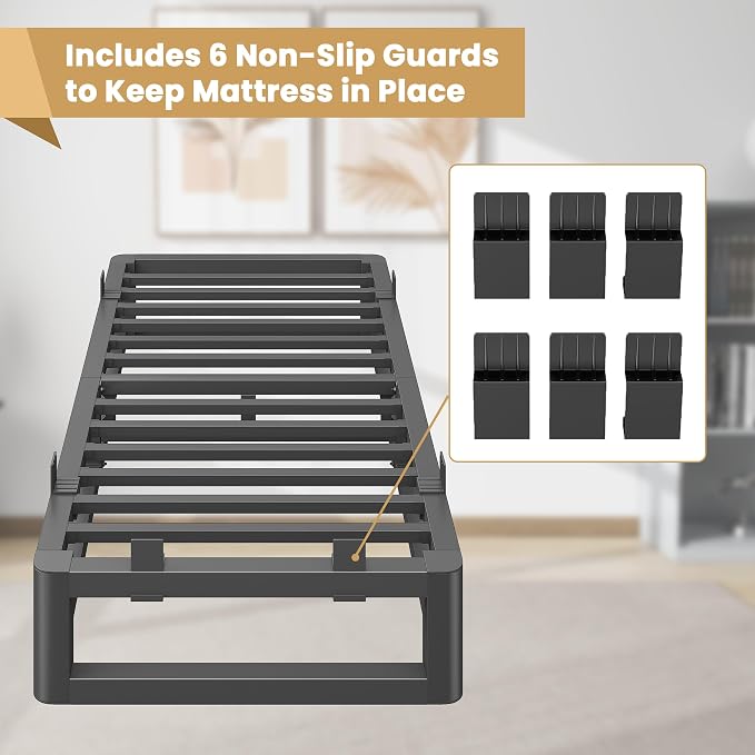 10 Inch Twin Bed Frames with Rounded Corner and Squeak Free U-Slot Design, Metal Platform Bed Frames 6 Non-Slip Guards, 3500lbs Heavy Duty Steel Slat Support, No Box Spring Needed, Black