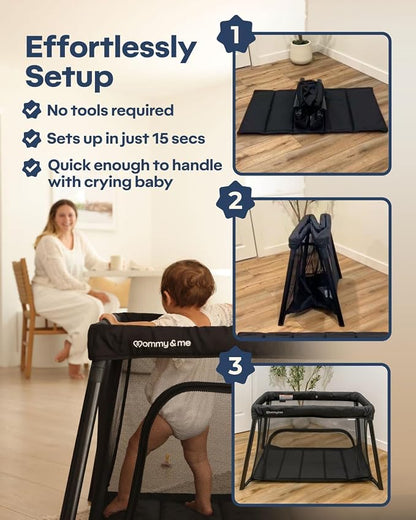 Mommy&Me Travel Crib for Baby and Toddler, Black | Lightweight 14 lb, Portable Playard, Folds in Seconds with Carry Bag, Breathable Mesh Sides, Easy Side-Zip Access