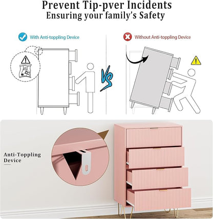 Masupu 4 Drawer Dresser, Drawer Chest, Tall Storage Dresser Chest Cabinet Organizer Unit with Gold Metal Legs, Nightstand for Bedroom, Living Room, Closet, Hallway Pink Stripe