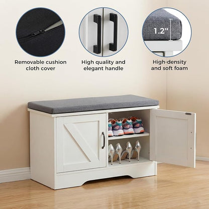 DUMOS Shoe Storage Bench, 47" Wide Shoe Organizer Cabinet with Padded Seat Cushion, 4 Doors, Adjustable Shelf for Entryway, Hallway, Bedroom, Living Room, White