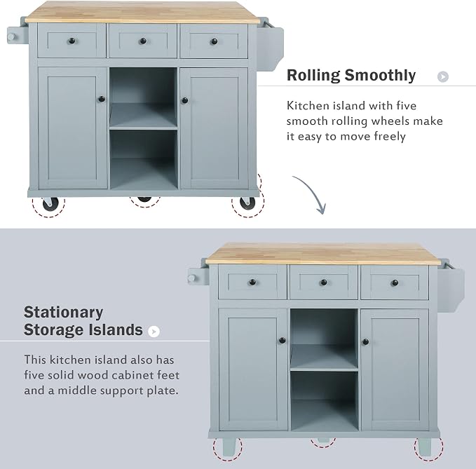 Large Kitchen Island with Rubber Wood Drop Leaf, Rolling Kitchen Cart with Ample Storage on Wheels with Doors and Drawers for Dining Room (Modern Grey Blue, Black Handle, 53Inch)