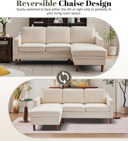 Kingfun 88" L-Shape Sofa, Chenille Sectional Couch, Mid Century Modern Couches with Solid Wood Frame for Living Room Bedroom