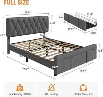 GarveeHome Full Size Bed Frame, Upholstered Platform Bed Frame with Storage Drawers, Mattress Foundation with Solid Wooden Slats Support, No Box Spring Needed, Grey