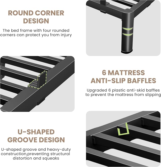 MAF 14 Inch Twin Metal Platform Bed Frame with Anti-Collision Round Legs, Black 3500 Lbs Heavy Duty Bed Frame Steel Slats Support, No Box Spring Needed, Easy Assembly