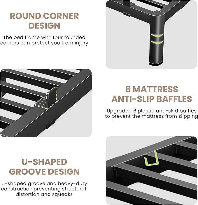MAF 14 Inch Queen Metal Platform Bed Frame with Anti-Collision Round Legs, Black 3500 Lbs Heavy Duty Bed Frame Steel Slats Support, No Box Spring Needed, Easy Assembly