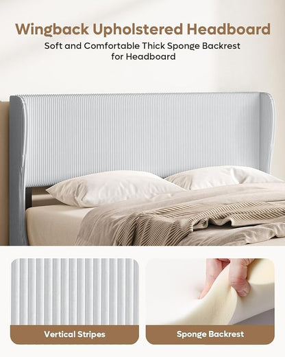 Bestier Queen Bed Frame with Wingback Headboard,Upholstered,Light Grey | No Squeaks,Easy Assembly,Wingback Headboard,Vertical Channel Corduroy Upholstered,Wooden Slats Support,No Box Spring Needed