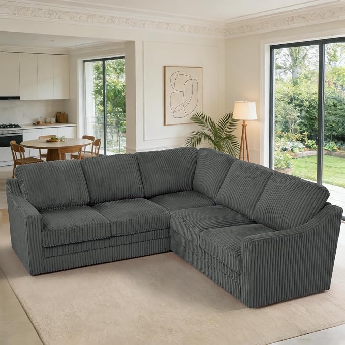 89 Inches Corduroy Sectional Sofa with High Density Sponge, Modern 5 Seats Corner Couch with Deep Seat, Comfy Modular L Shaped Couch with Comfortable Back Cushions for Living Room, Grey