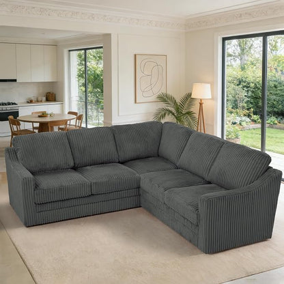 89 Inches Corduroy Sectional Sofa with High Density Sponge, Modern 5 Seats Corner Couch with Deep Seat, Comfy Modular L Shaped Couch with Comfortable Back Cushions for Living Room, Grey