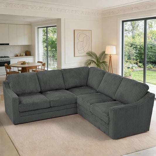 89 Inches Corduroy Sectional Sofa with High Density Sponge, Modern 5 Seats Corner Couch with Deep Seat, Comfy Modular L Shaped Couch with Comfortable Back Cushions for Living Room, Grey