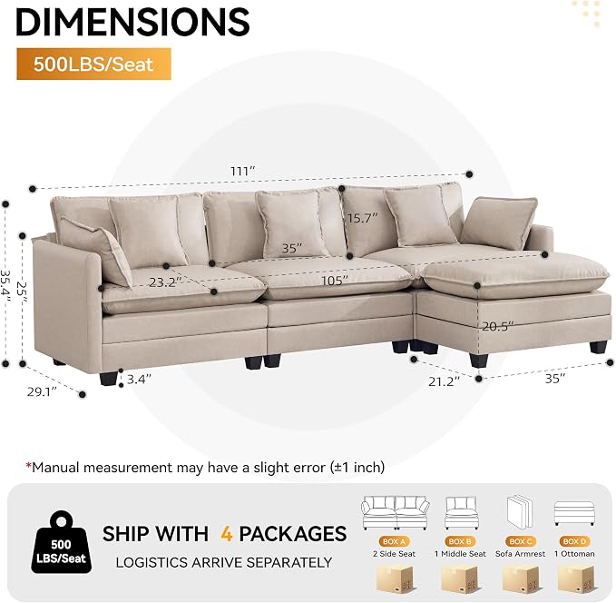 111'' Sectional Cloud Deep Seat Couch, Modern Comfy Leather L Shaped Sectional Sofa for Living Room Set, Upholstered Modular 4-Seats Sofa Couch with 1 Movable Ottoman, Leather Beige