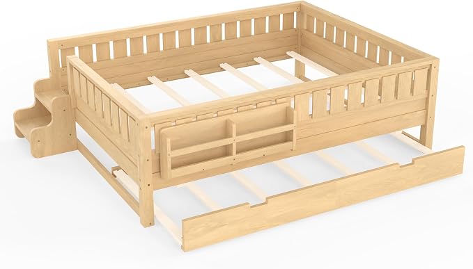 Bellemave Queen Kids Montessori Bed with Stairs, Bookshelf and Trundle, Solid Wood Kids Bed Frame with Storage for Boys Girls, Low Profile,Light Natural