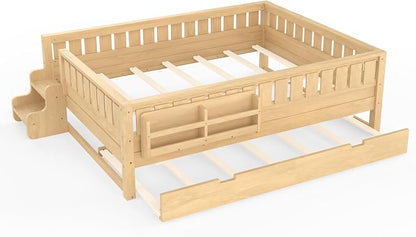 Bellemave Queen Kids Montessori Bed with Stairs, Bookshelf and Trundle, Solid Wood Kids Bed Frame with Storage for Boys Girls, Low Profile,Light Natural