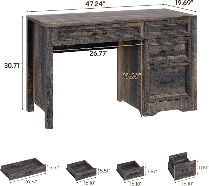 Vabches Farmhouse Executive Desk with Storage and Ample File Drawer, Rustic Large Home Writing Desk for Bedroom, Dark Oak