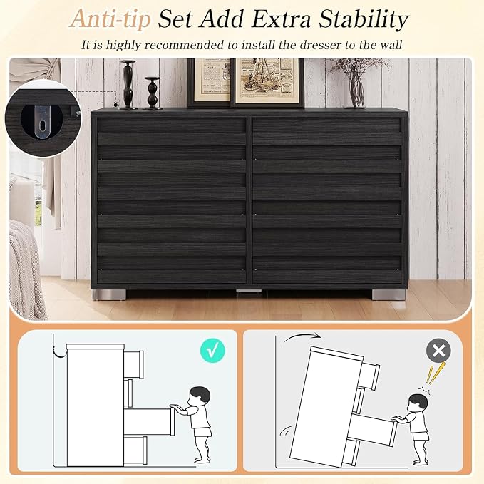 LUXOAK 2 Pcs Bedroom Furniture Sets - Includes 1 X Farmhouse 6 Drawers Dresser, 1X Farmhouse Queen Size Bed Frame with 49" Tall Headboard, Wooden Platform Bed with Hidden Metal Bed Frame, Black