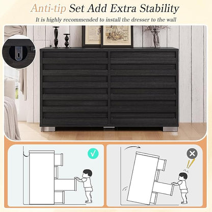 LUXOAK 2 Pcs Bedroom Furniture Sets - Includes 1 X Farmhouse 6 Drawers Dresser, 1X Farmhouse Queen Size Bed Frame with 49" Tall Headboard, Wooden Platform Bed with Hidden Metal Bed Frame, Black