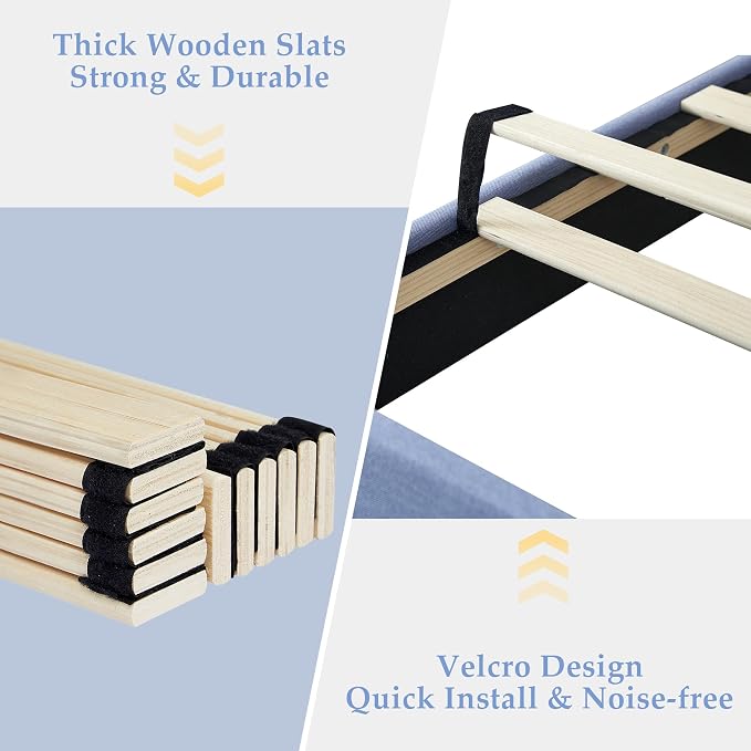 VECELO Queen Size Bed Frame, Adjustable Upholstered Button Tufted Headboard, Heavy-Duty Bedframe with Wood Slats Support, No Box Spring Needed, Light Blue