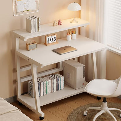 Rolling Computer Desk, 31.5 Inch Small Desks For Small Space, Portable Small Computer Desk with Monitor Stand & 3-Tier Storage, Portable Desk on Wheels for Writing, Home Office, Small Desk for Bedroom