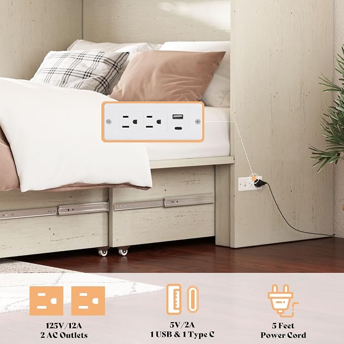 AMERLIFE Full Murphy Bed Cabinet with 6" Tri-Fold Memory Foam Mattress, Storage Drawer & Charging Station, Space-Saving Guest Bed for Home Office, Distressed White