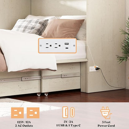 AMERLIFE Full Murphy Bed Cabinet with 6" Tri-Fold Memory Foam Mattress, Storage Drawer & Charging Station, Space-Saving Guest Bed for Home Office, Distressed White